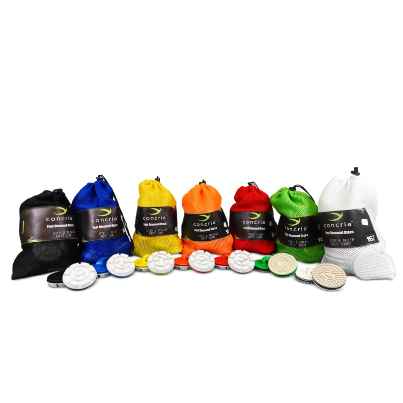 Concria Fast Polishing System|Mounting Set|14″ Blade Adapter (Box of 4)|18″ Blade Adapter (Box of 5)|Black Pad 25 Grit|Blue Pad 50 Grit|Yellow Pad 100 Grit|Orange Pad 200 Grit|Red Pad 400 Grit|Green Pad – 1000 Grit|White Pad – 3000 Grit