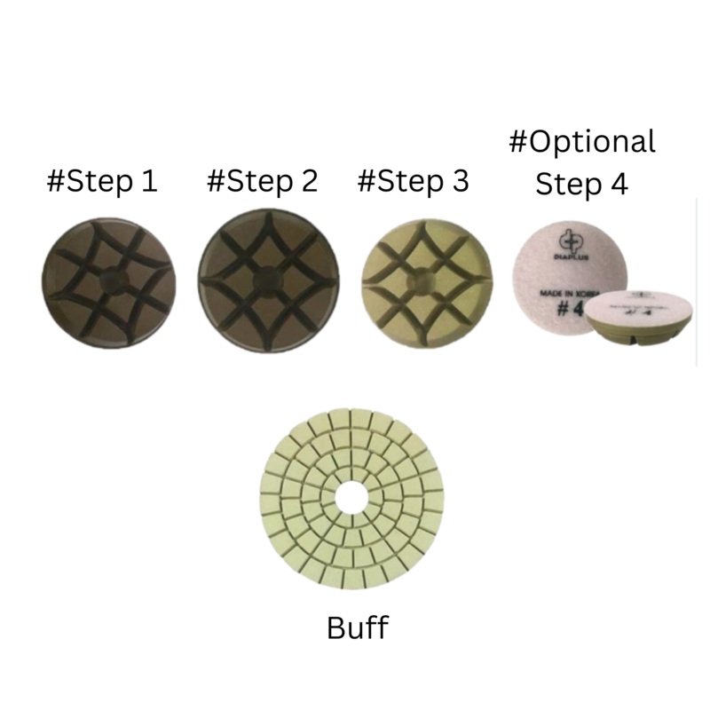 Dia plus 3 Step Concrete Pads|Step 1|Step 2|Step 3|Step 4|Buff