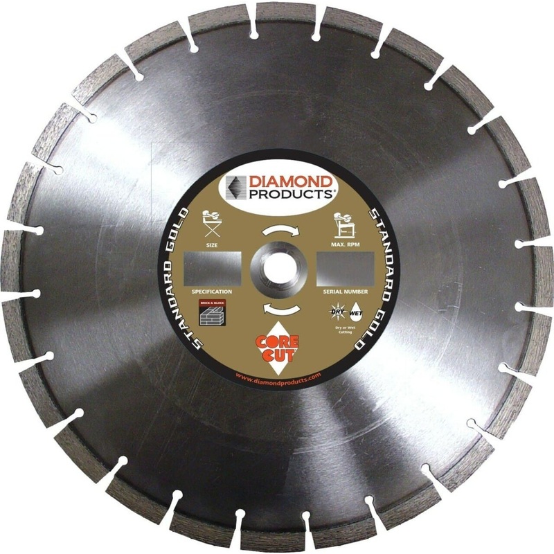 Standard Gold Masonry|10″ x .110 x 1″|12″ x .110 x 1″|14″ x .110 x 1″|14″ x .125 x 1″|16″ x .125 x 1″|18″ x .125 x 1″|20″ x .125 x 1″|24″ x .140 x 1″|DM80S Hard Materials, Hard Brick-fast Cutting|DM85S General Purpose, Combo Brick/Block|DM86S Combo Brick/