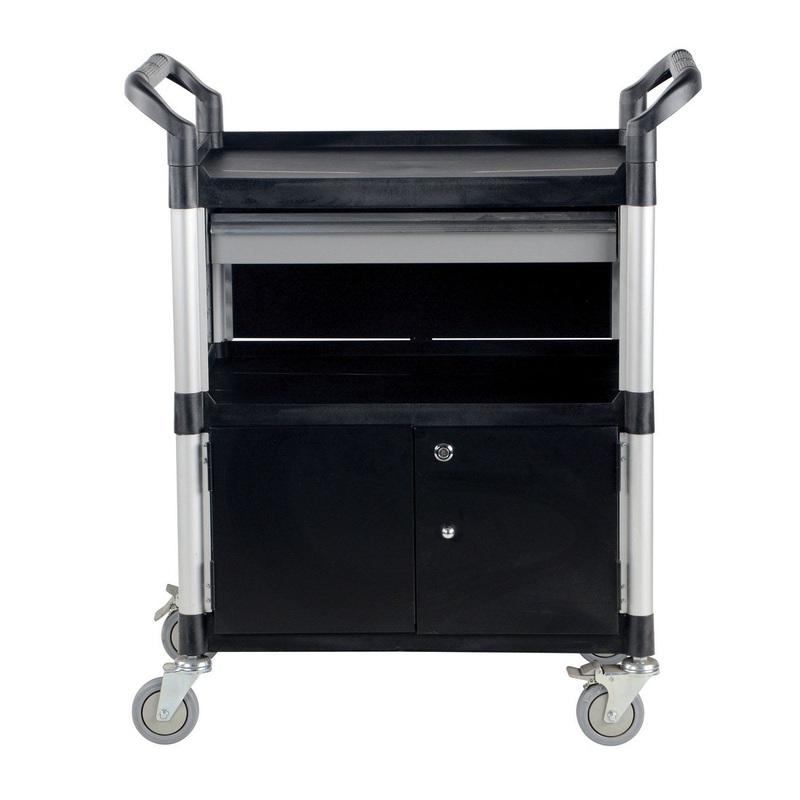 Commercial Service Carts|3-shelf service cart with 3 side panels|3-shelf service cart with no side panels – 19″Wx33-1/2″Lx39-1/2″H|3-shelf service cart with no side – 20-1/2″Wx43-3/8″Lx40-1/8″H|3-shelf utility tool trolley w/ 1 drawer 3 side panels|Utilit