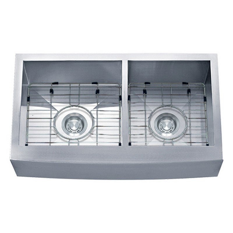 Dakota Sinks DSZ-A6040 Signature Z-Series 33 Inch Zero Radius 60/40 Double Bowl Apron Front Stainless Steel Kitchen Sink with Bottom Grid