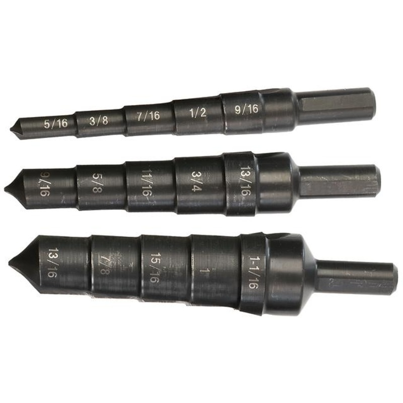 MULTI-STEP REAMER|4 1/8 ” 5 Step from 5/16″ to 9/16″|4 1/4 ” 5 Step from 9/16″ to 13/16″|4 3/8 ” 5 step from 13/16″ to 1 1/16