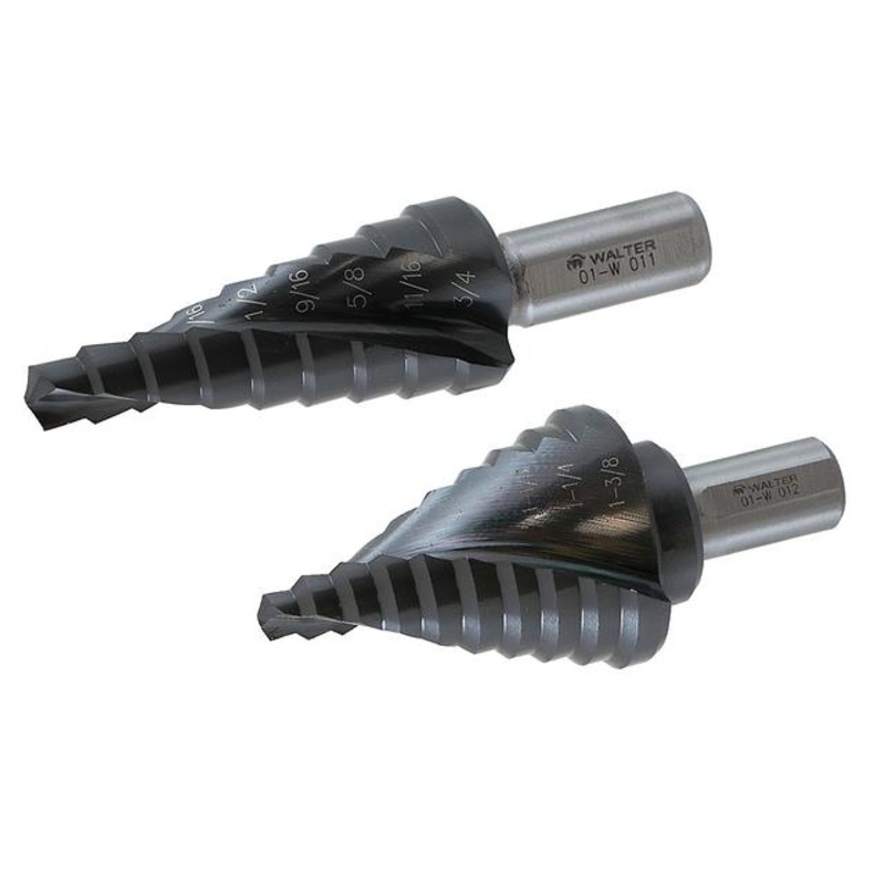 Multi-Step Step Drill Bits|1/4″ 13 steps from 1/8″ to 1/2″|3/8″ 12 steps from 3/16″ to 7/8″|3/8″ 9 steps from 1/4″ to 3/4″|3/8″ 10 steps from 1/4″ to 1-3/8″|Spiral|Straight