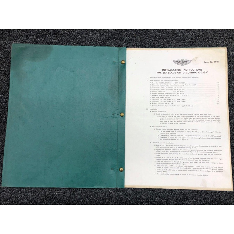 1947 Sensenich Skyblade Instructions & Parts Catalog for Lycoming O-235-C
