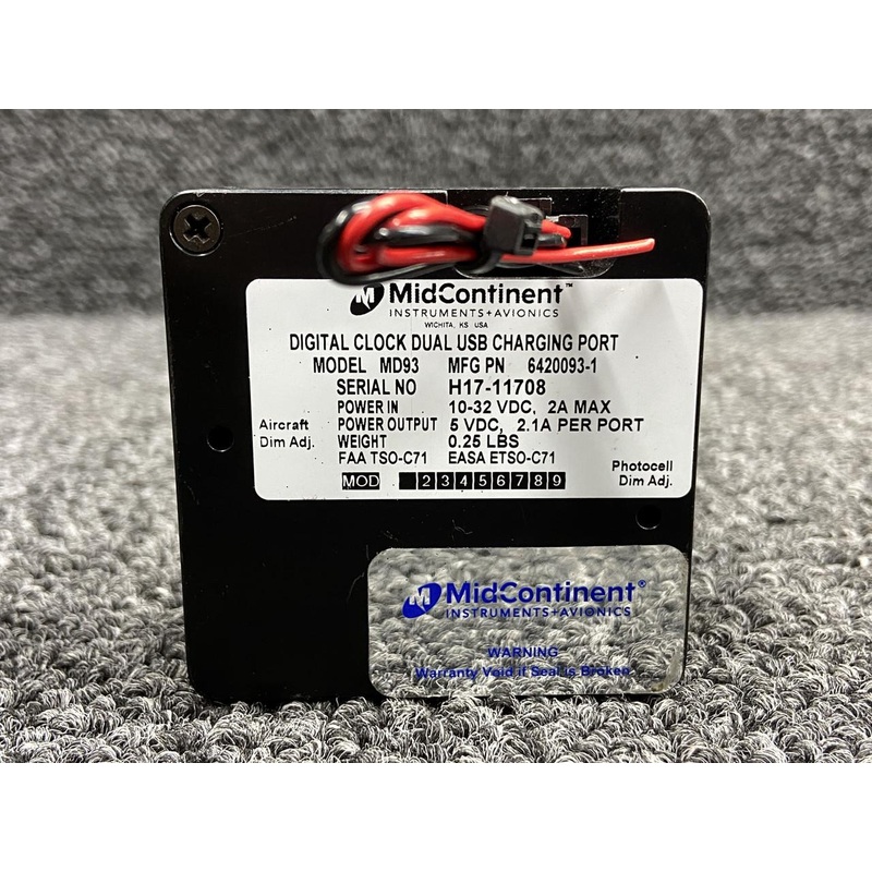 6420093-1 (Alt: 6420093-2) Mid-Continent MD93 Digital Clock Indicator w Dual USB