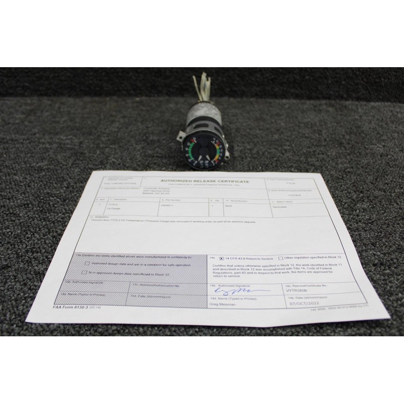 159262-1 Horizon Aero 7775-2 Oil Temp / Pressure Indicator W/ 8130 (Volts: 28)