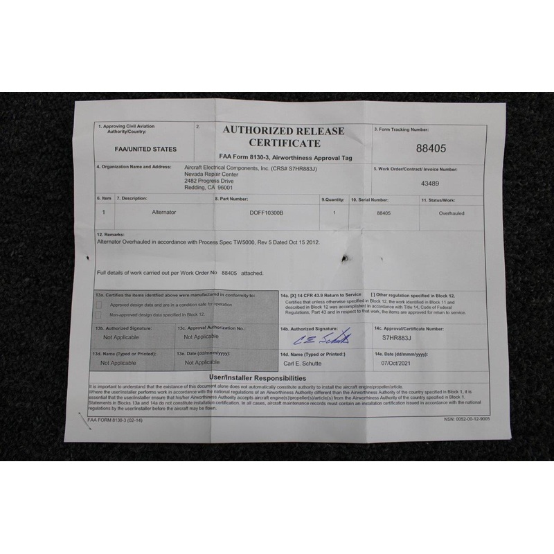 DOFF10300B Hartzell Alternator W/ 8130-3 (Volts: 24, Amps: 60) (SA)